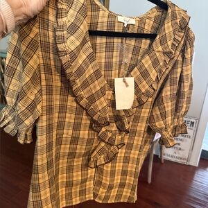 easel Plaid Ruffle V-Neck Button Down in Tan and Brown